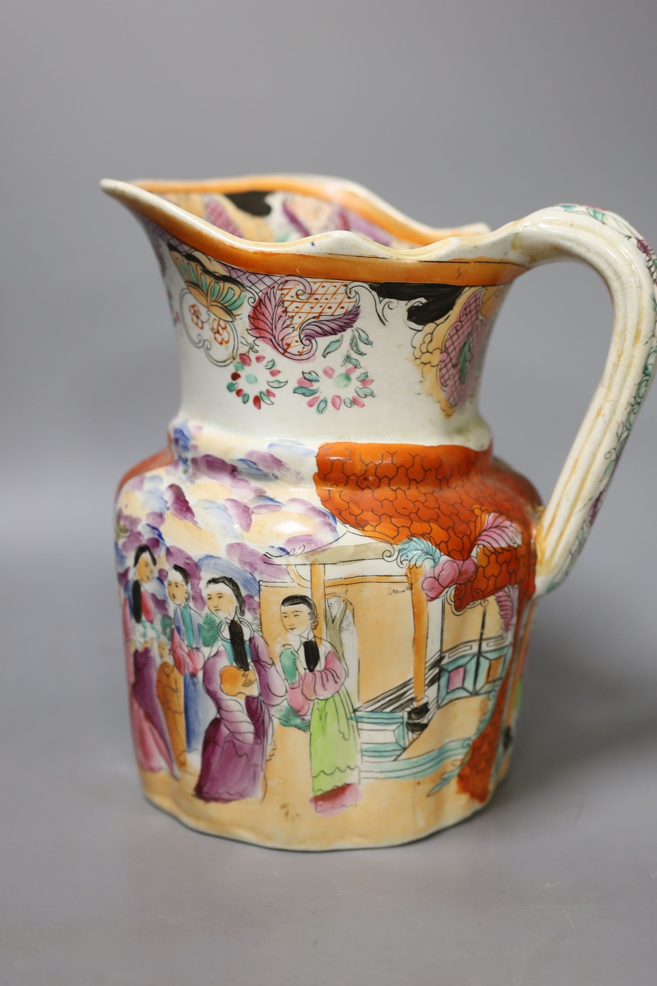 A large Mason's Ironstone chinoiserie jug, c.1830, printed and enamelled, 23cm.